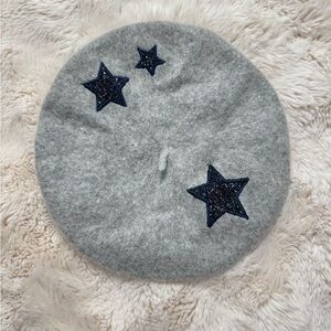 NEW!! Gray Wool Blend Beret with Navy Star Accents for Women